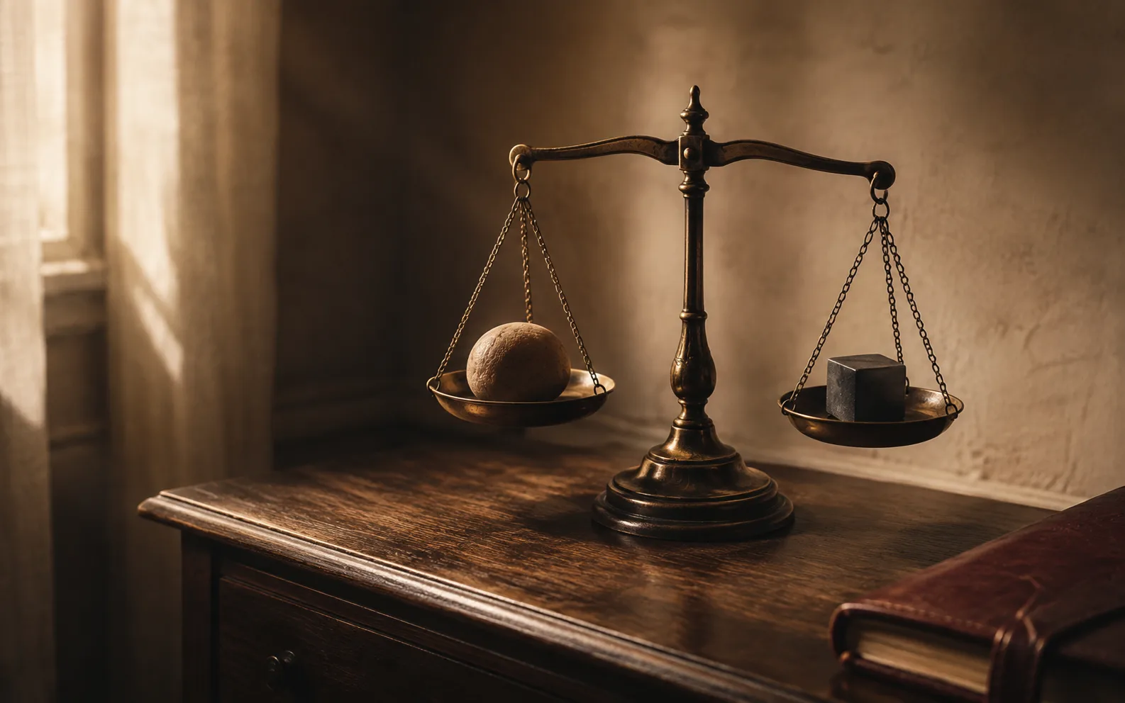 アンティーク真鍮の天秤、木製デスクの上に窓からの光を受けて